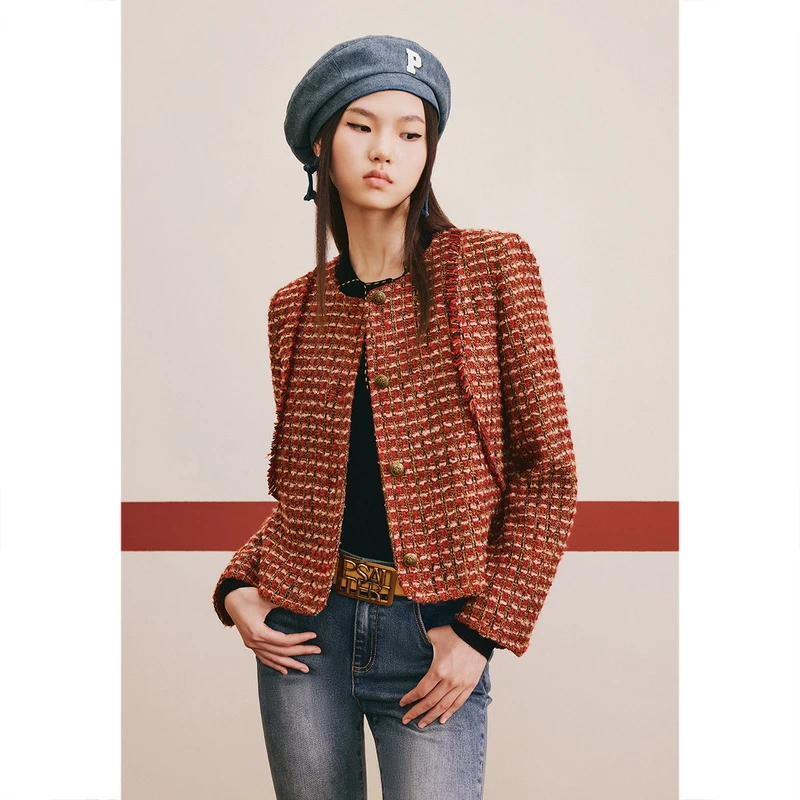 【朗姆红茶】PSALTER诗篇冬季短毛呢花纱箱型复古短外套6C63510133