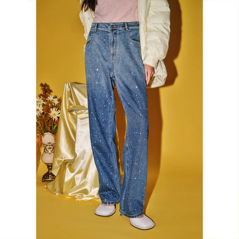 可颜春季烫钻休闲复古时尚显瘦设计感宽松百搭牛仔裤AC53220510