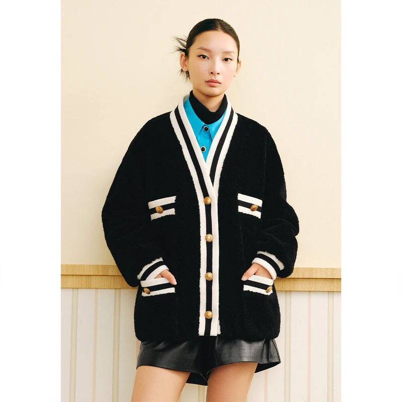 可颜 小香风时尚气质温柔绵羊毛加厚保暖颗粒绒外套AC53510360