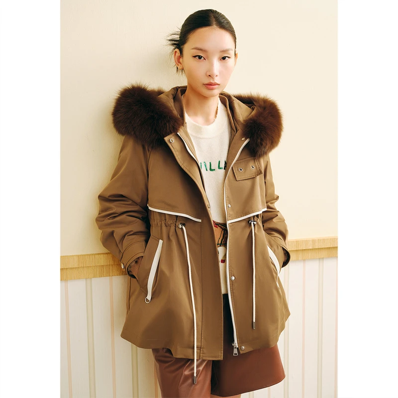 可颜冬款时尚保暖中长款休闲加厚连帽狐狸毛领女派克AC53509770