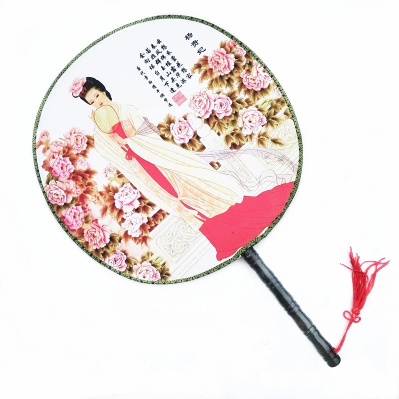 团扇单面长柄圆形24公分荷花牡丹舞蹈走秀青花瓷古风汉服饰宫扇
