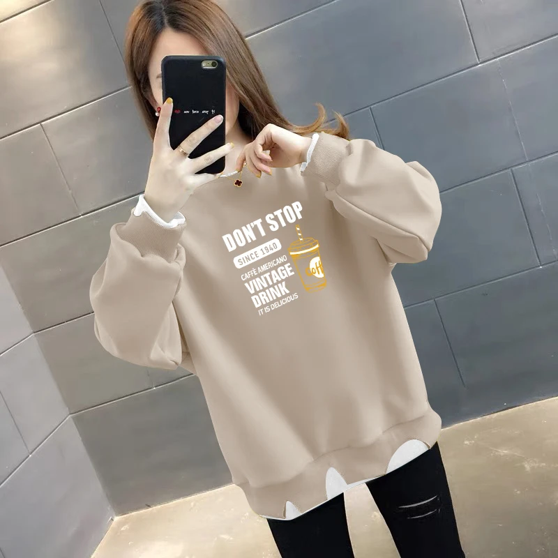 2026长袖学生加绒加厚卫衣新款圆领宽松时尚春秋薄款无帽女上衣