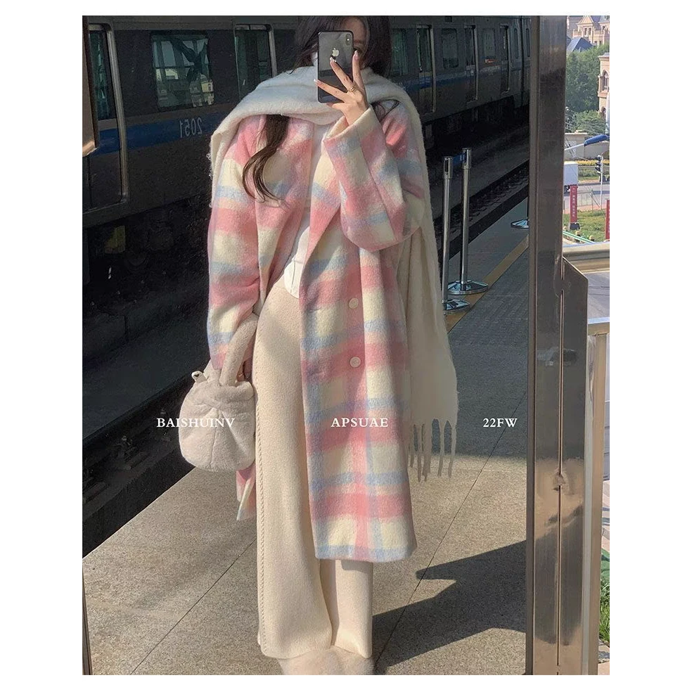 双排扣格子毛呢外套女冬季加厚长款慵懒风高级感粉色呢子大衣6010