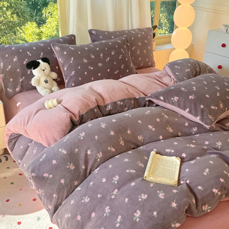 秋冬保暖加厚牛奶绒印花四件套宿舍三件套冬季加绒毛绒被套床单