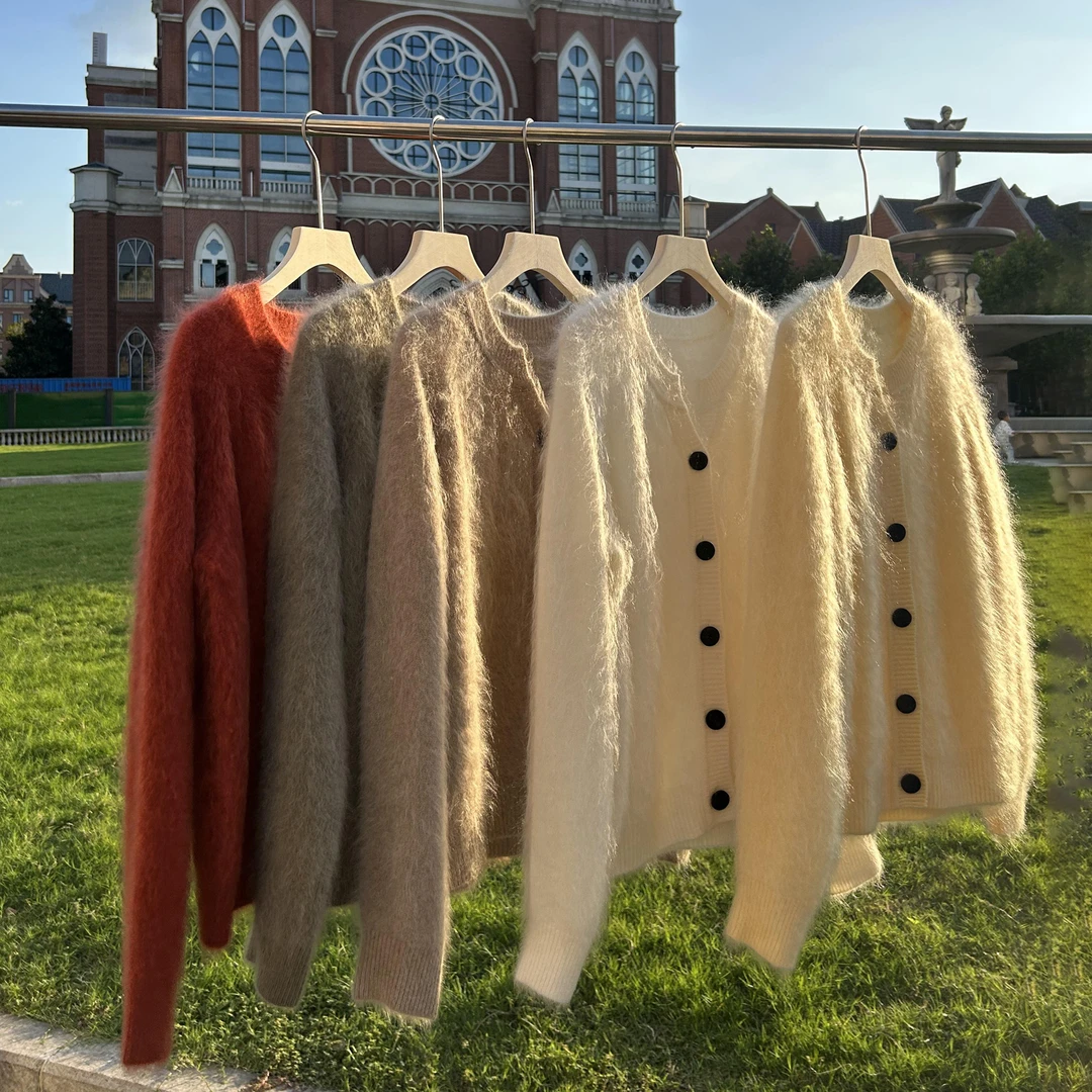 加厚款开衫羊绒衫女100%纯山羊绒短款上衣V领拉毛羊绒气质百搭