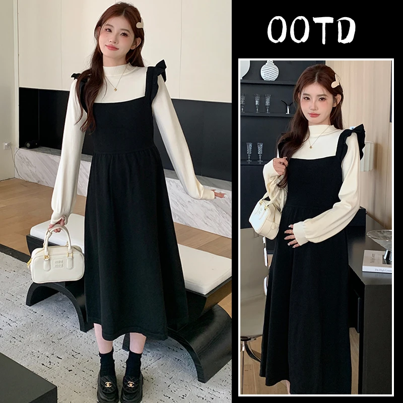 孕妇装连衣裙春秋显瘦气质针织大码时尚假两件拼接秋季韩版毛衣裙