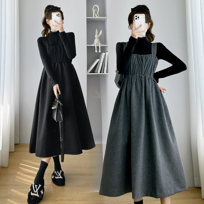 孕妇装秋冬款外出套装冬天中长款过膝宽松大码毛呢背带裙连衣裙