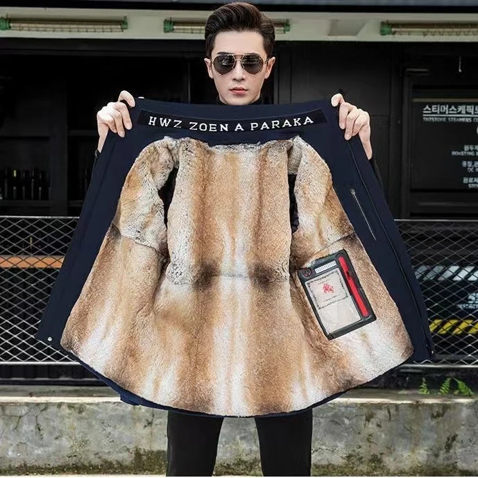 冬季新款男士时尚休闲加厚保暖兔毛皮内胆皮草派克服爸爸款加毛袖