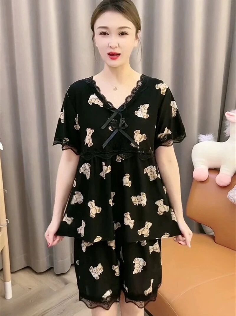 月月家：时尚v领蕾丝边家居服遮肉透气舒适短袖➕短裤睡衣套装家居