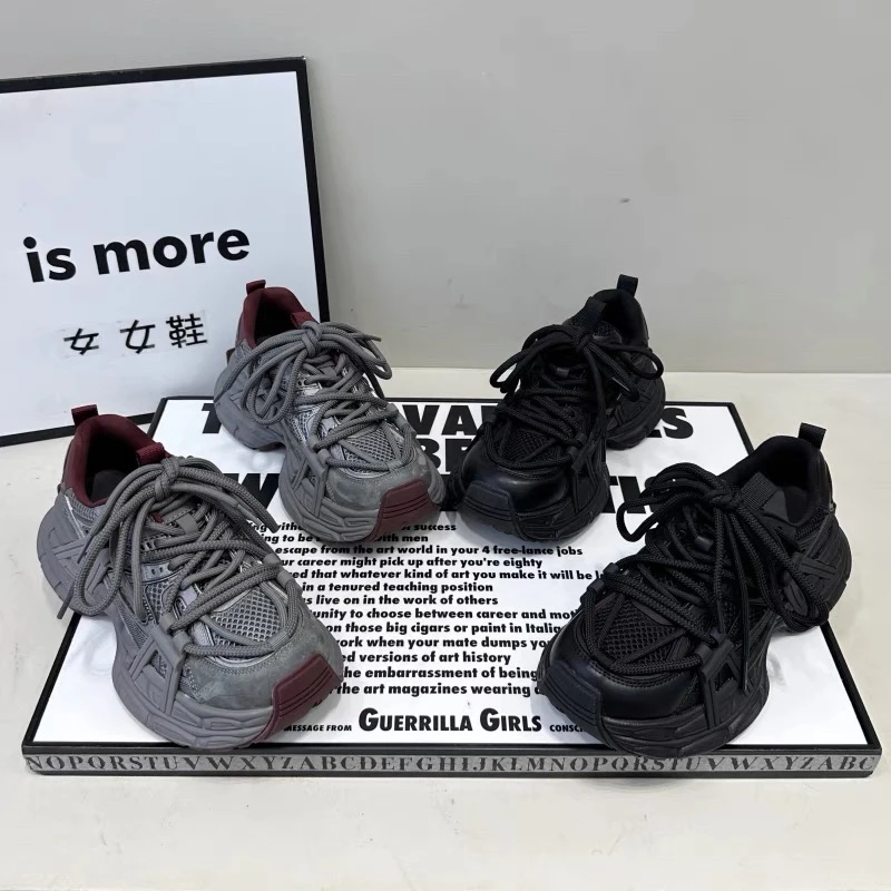 【诗贝萌】真皮休闲网红时尚百搭秋冬潮流高级感厚底增高系带老爹鞋