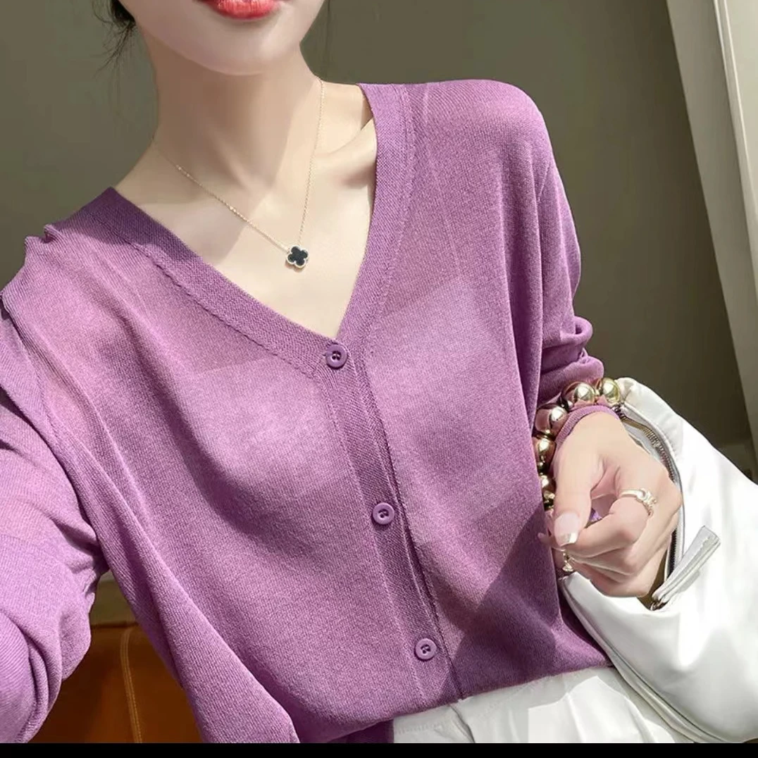 长袖针织开衫新款外套披肩百搭纯色薄款百搭宽松打底防晒衣上衣