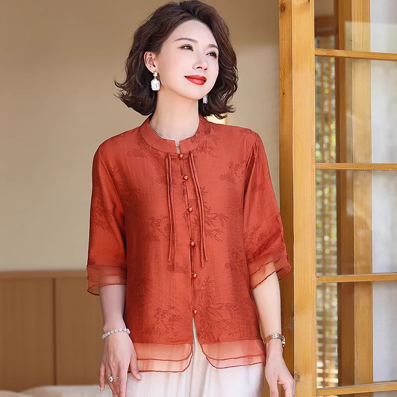 网红爆款妈妈夏装短袖衬衫上衣大码宽松遮肉时尚减龄洋气小衫T恤