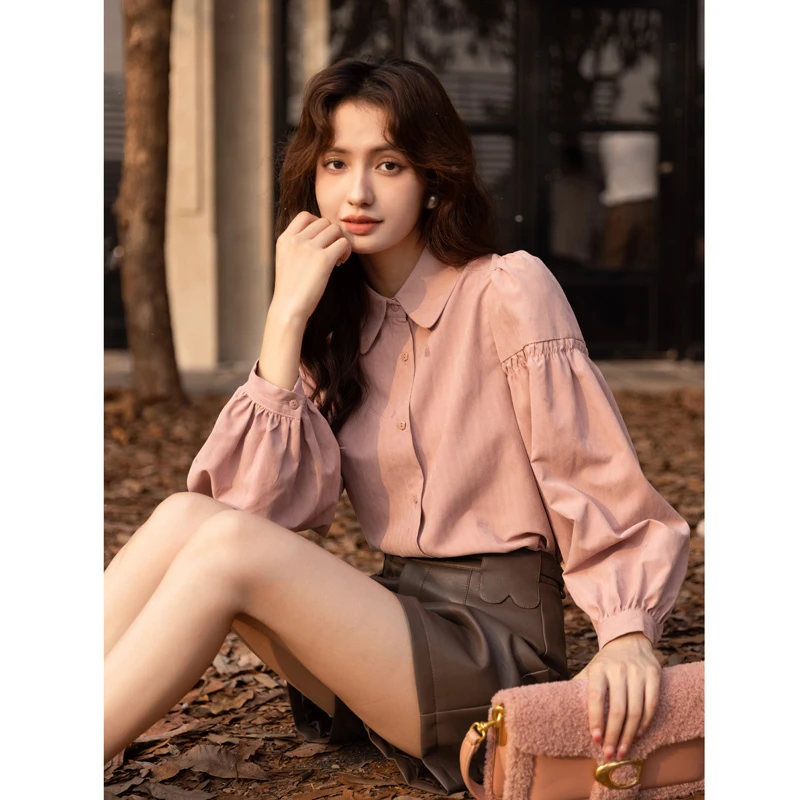 谜秀衬衫韩版磨毛绒面显瘦内搭衬衣粉色上衣百搭MXB43C0586百搭