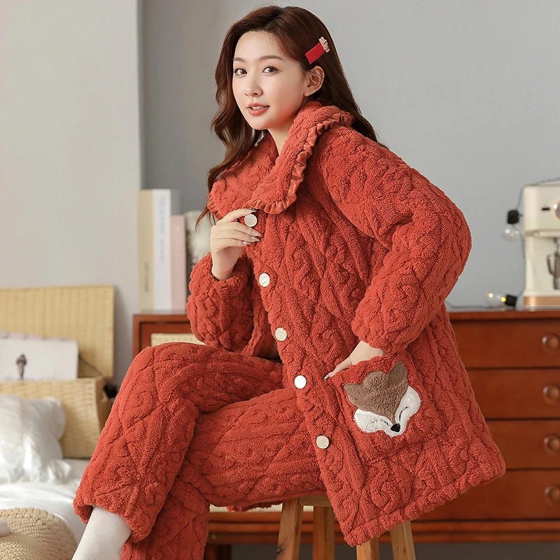 睡衣女冬季加厚加绒珊瑚绒三层夹棉保暖甜美秋冬法兰绒家居服套装