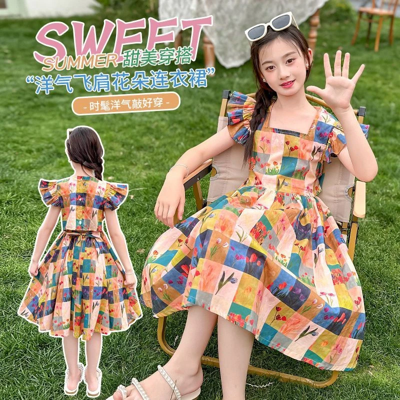 女童连衣裙夏季2025新款洋气儿童网红格子背心裙小女孩碎花公主裙