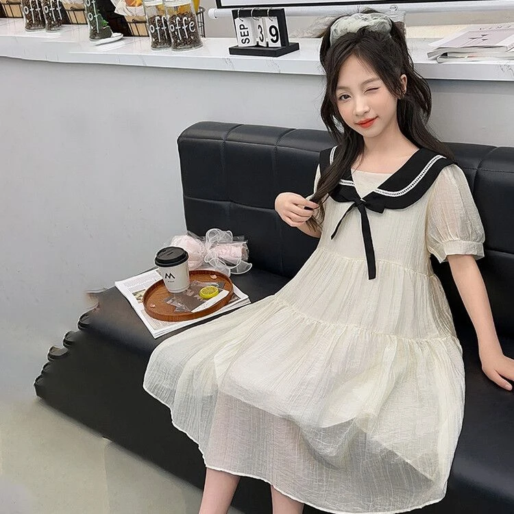 女童连衣裙夏装洋气学院风薄款裙子2025新款中大童海军领公主裙夏