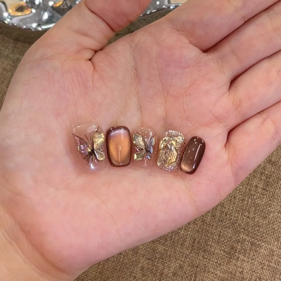 （初秋）美拉德蝴蝶纯手工穿戴甲显白百搭美甲防水可拆卸假指甲