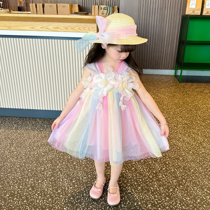 儿童公主裙女童春夏2024新款彩虹纱裙宝宝礼服裙花仙子六一演出服
