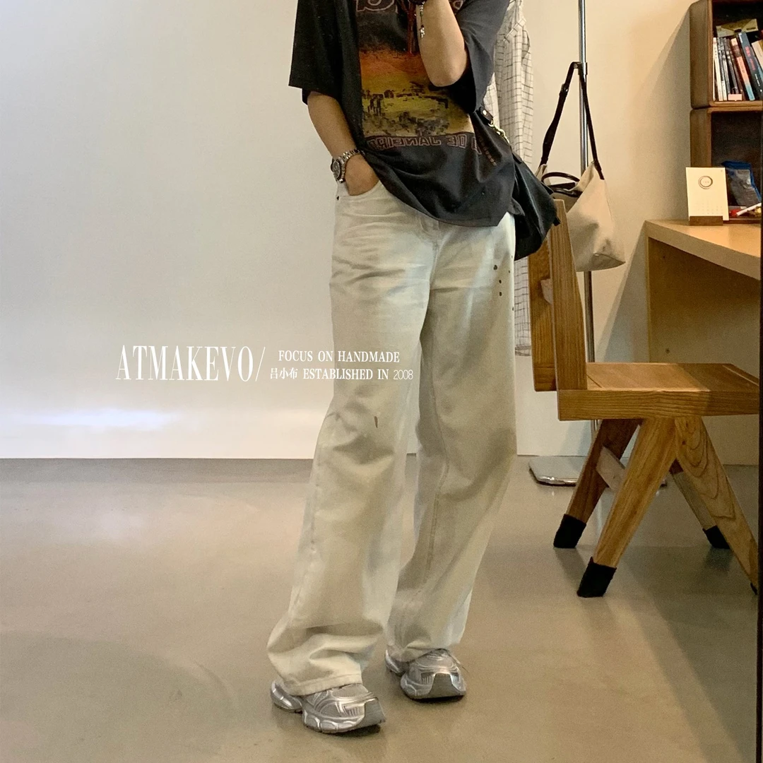 吕小布定制私服~水洗做旧脏脏裤直筒牛仔女宽松显瘦阔腿裤0010