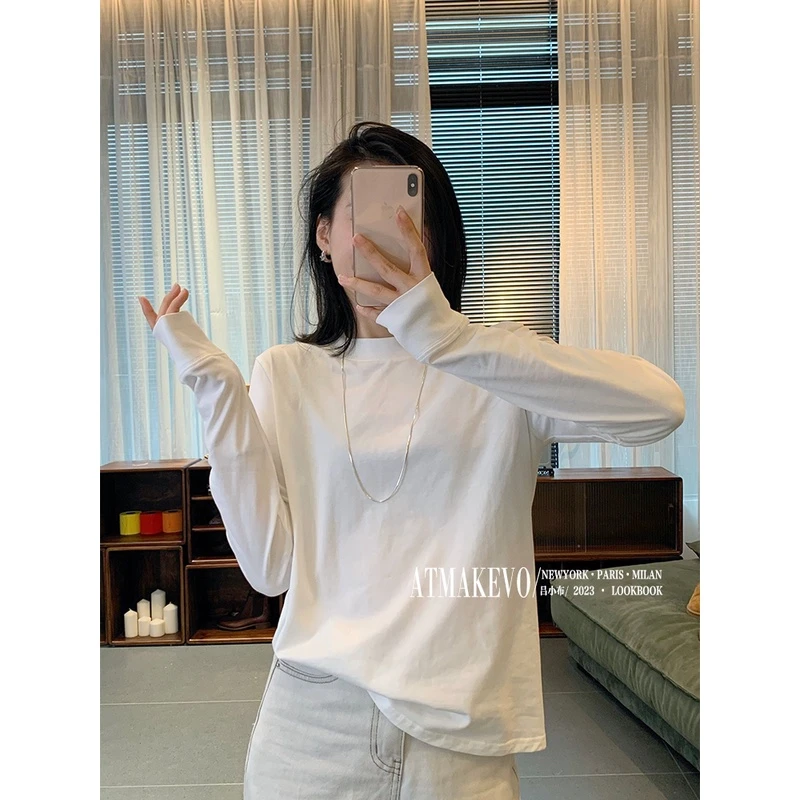 吕小布定制私服~春秋百搭中长款T恤简约半高领潮牌圆领上衣0023