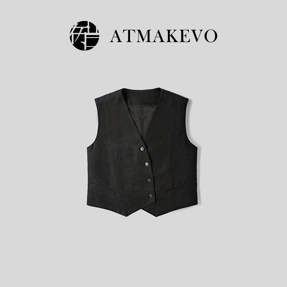 吕小布定制私服~篙级感 夏日显瘦V领休闲斜扣无袖亚麻马甲0107