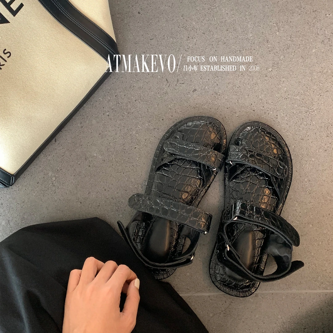 吕小布手工女鞋~鳄鱼纹牛皮沙滩凉鞋女2024夏季防滑女鞋0306