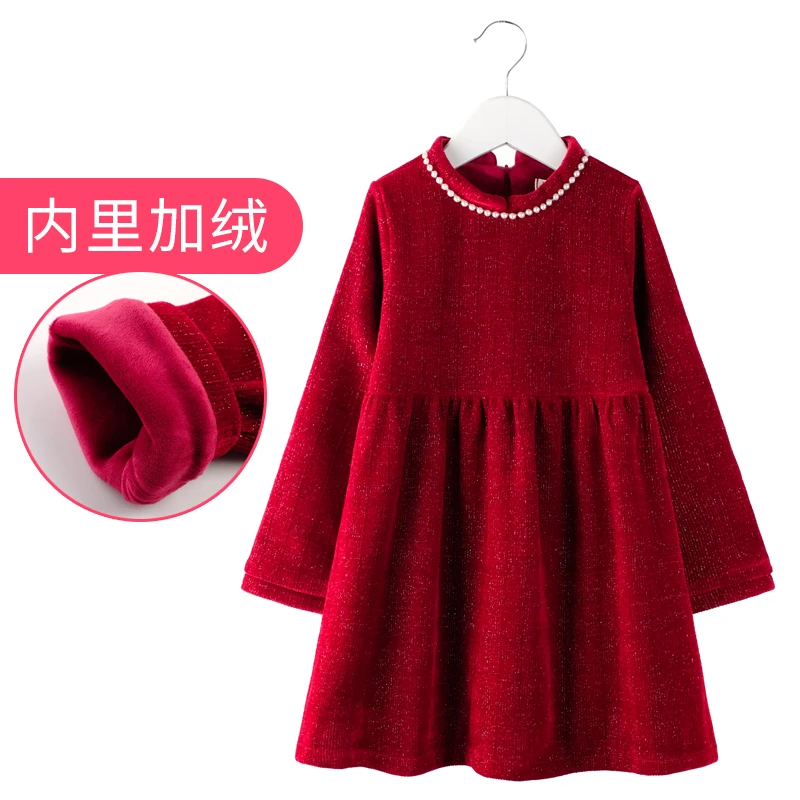 女童加绒洋气连衣裙 秋冬季 儿童小女孩中大童红色新年拜年服长袖