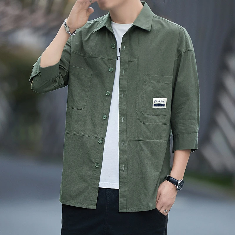 男士新款七分袖纯棉衬衫青少年春夏季时尚百搭工装休闲中袖衬衣男