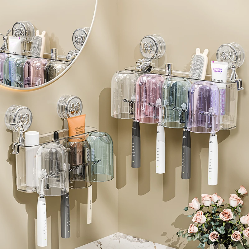 吸盘牙刷架子置物架壁挂式免打孔家用卫生间浴室刷牙杯漱口杯架子
