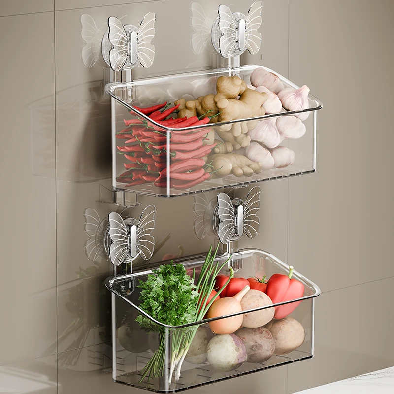 蝴蝶吸盘葱姜蒜收纳盒壁挂式厨房多功能置物架墙上生姜大蒜收纳筐