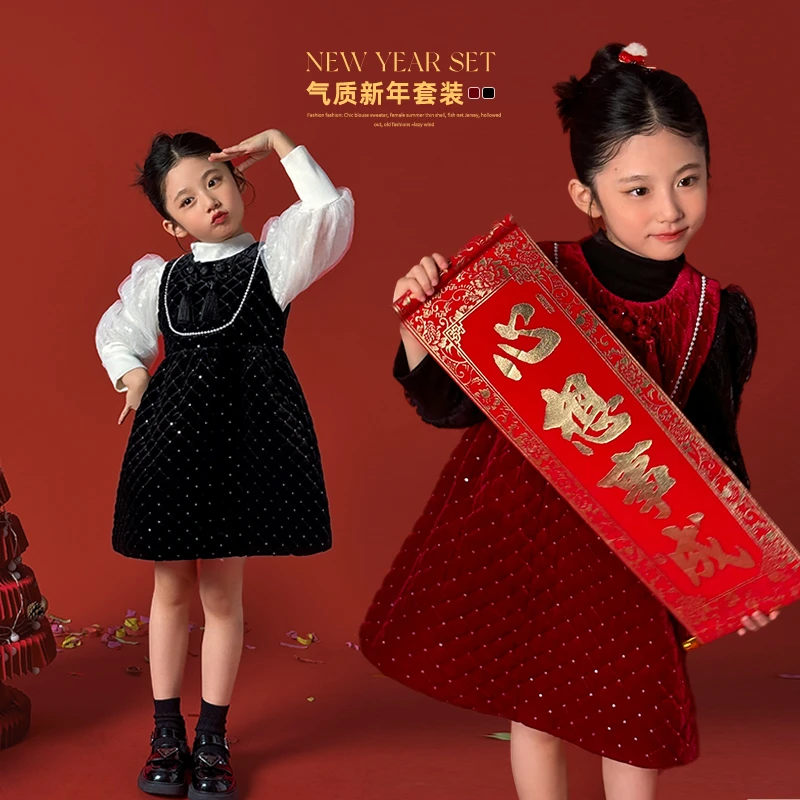 LUSON女童【掌上明珠】中式迎新春夹棉背心加绒连衣裙DMD360166