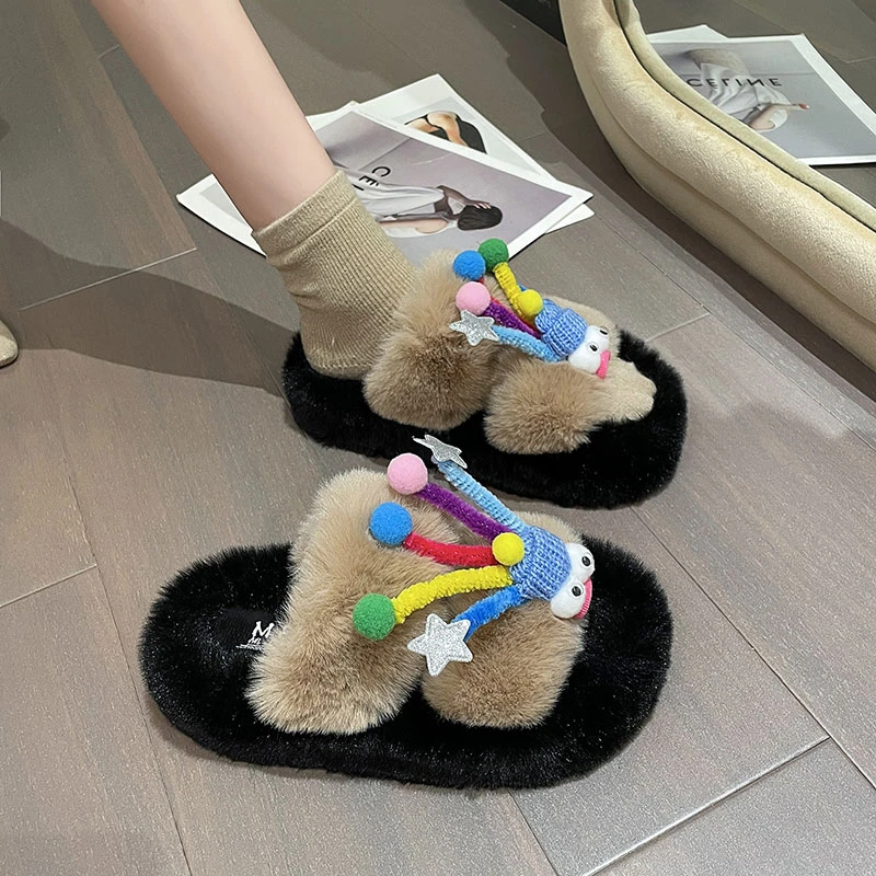 可爱搞怪厚底毛毛拖鞋女外穿2024春秋新款居家毛绒鞋踩屎感棉拖鞋