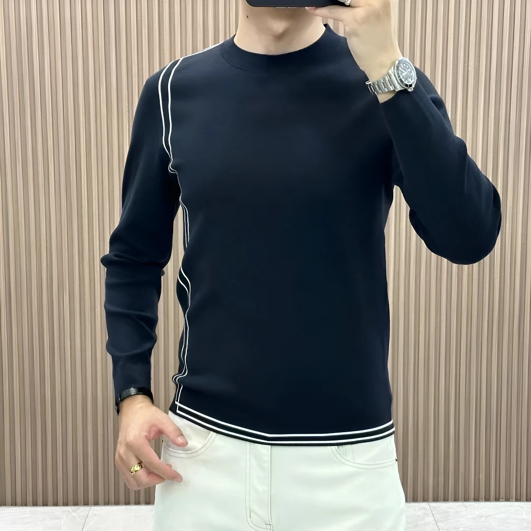 秋冬轻奢打底衫男士时尚休闲简约舒适高领保暖百搭圆领针织长袖衫