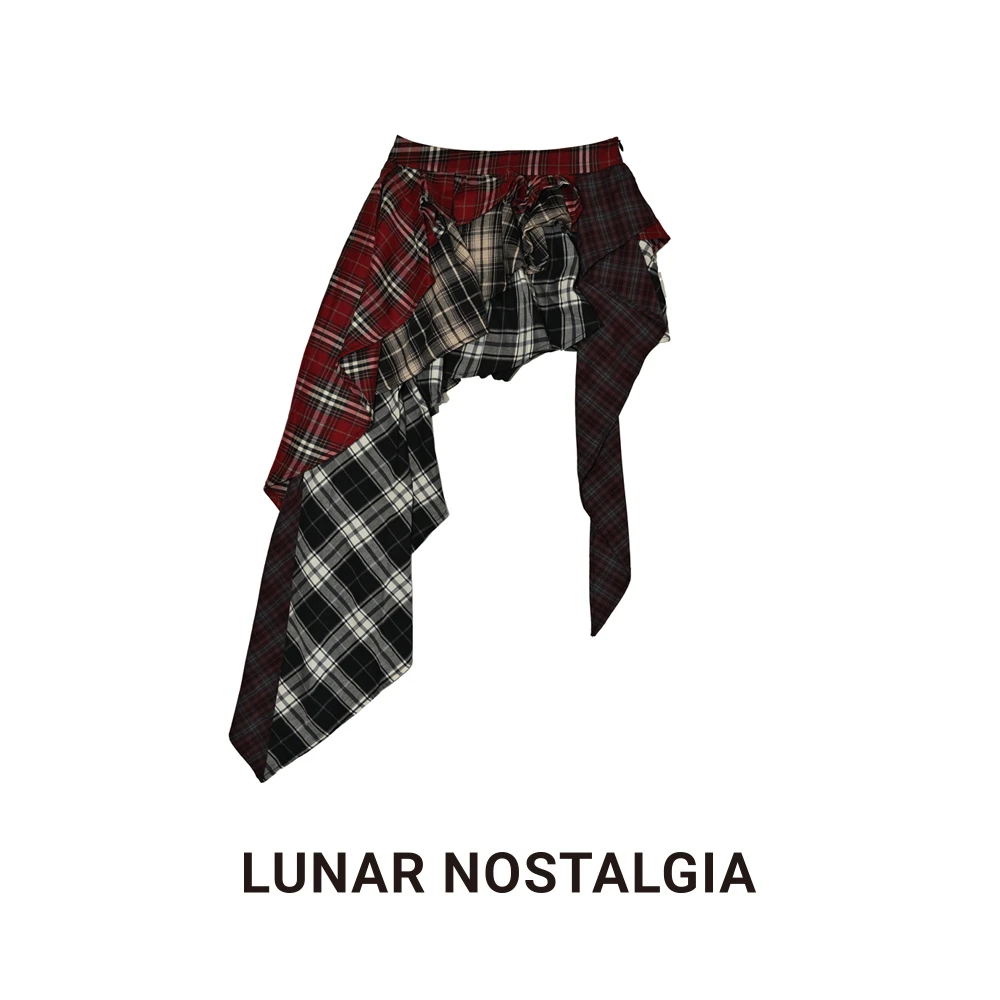 LUNAR NOSTALGIA设计师时尚显瘦春夏格纹拼色不规则蛋糕裙女