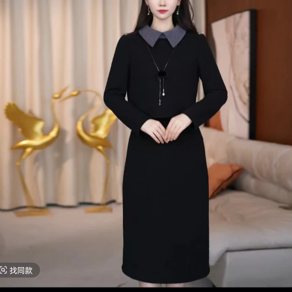 Y连衣裙小香风显瘦气质时尚黑色名媛秋冬长袖轻奢女神法式送项链