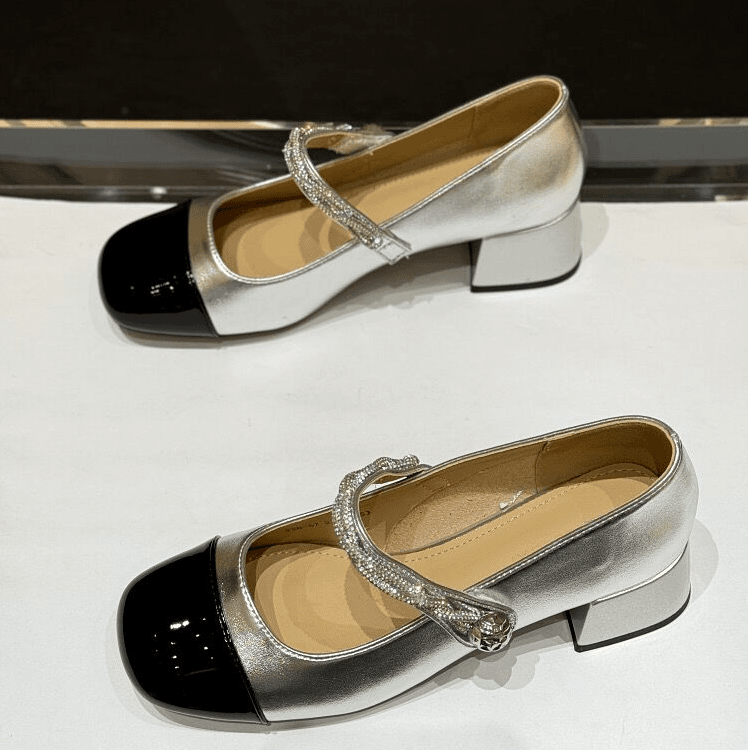 仙女风配裙子粗跟水钻玛丽珍鞋女2024夏季新款小香风拼色方头单鞋