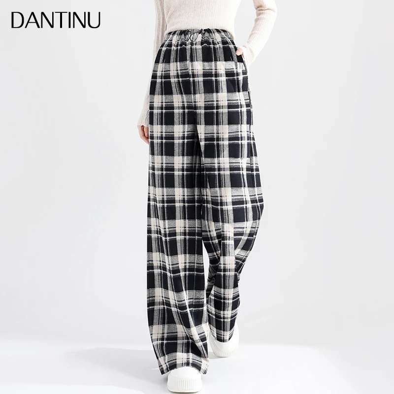 孕妇秋季女秋款2024新款格子抽绳大码宽松小个子直筒阔腿拖地长裤
