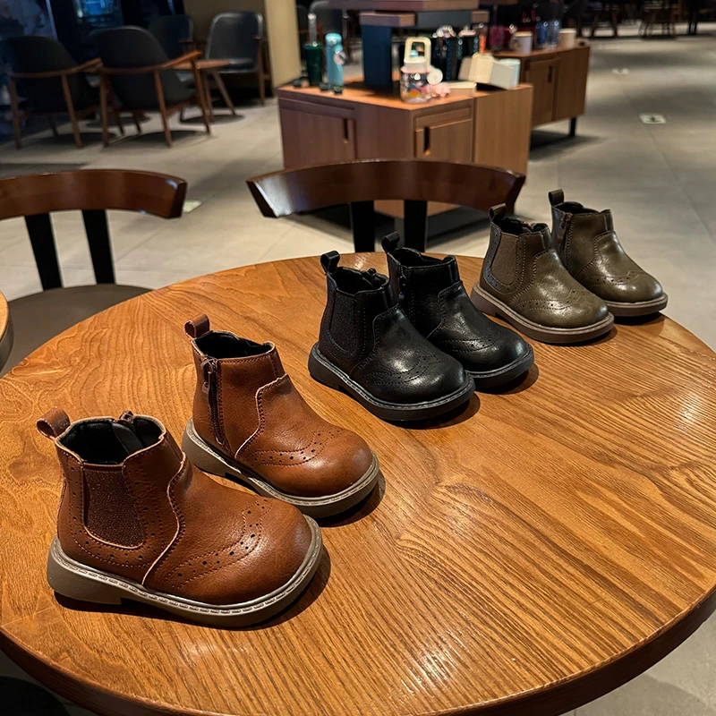 加绒儿童真皮马丁靴婴儿学步鞋软底复古切尔西短靴男宝小女孩皮靴