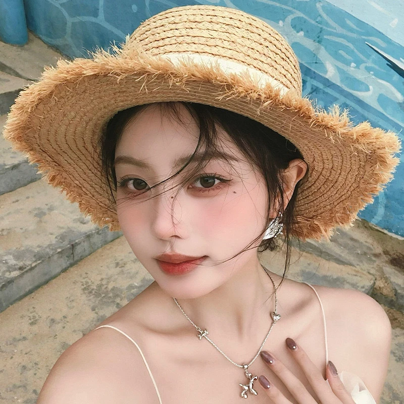 女草帽遮阳帽帽子海边法式平顶礼帽百搭韩版夏季