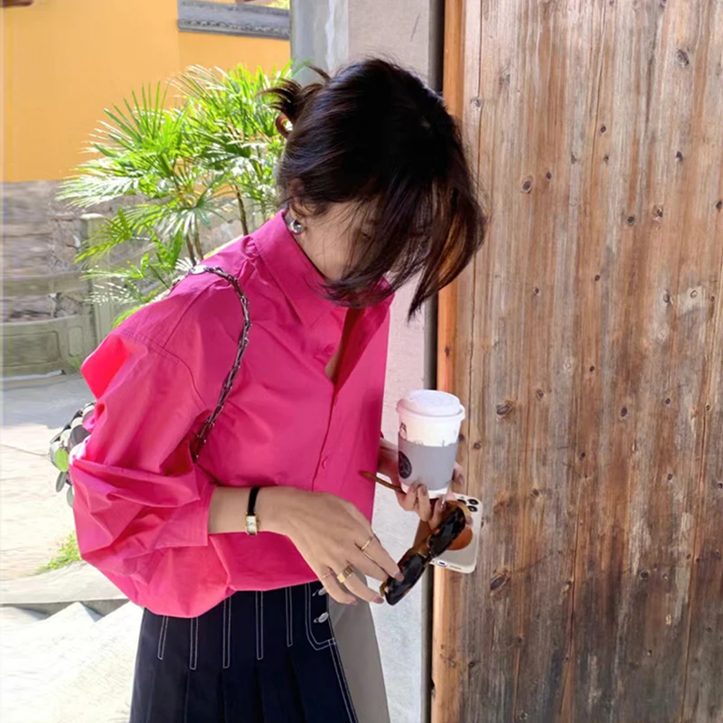 宽松大码衬衫玫红色早秋新款外穿上衣休闲时尚韩版复古衬衣女装