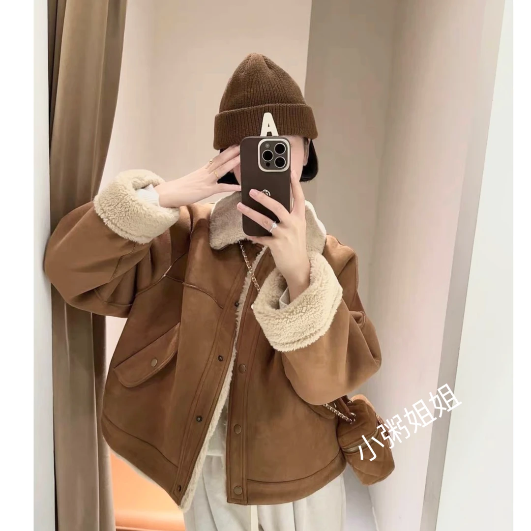 时尚外搭款美拉德冬季韩版小个子短外套加厚夹羊羔外套加绒保暖