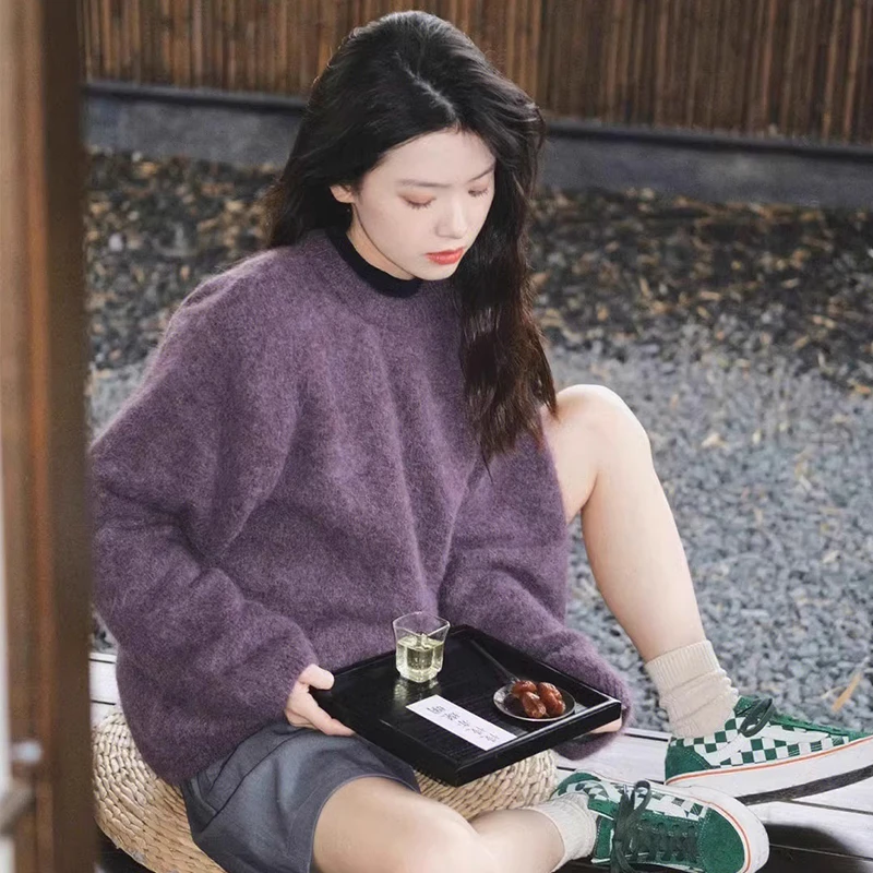 紫色毛衣女秋冬内搭2024新款冬季加厚小个子宽松慵懒风针织衫上衣