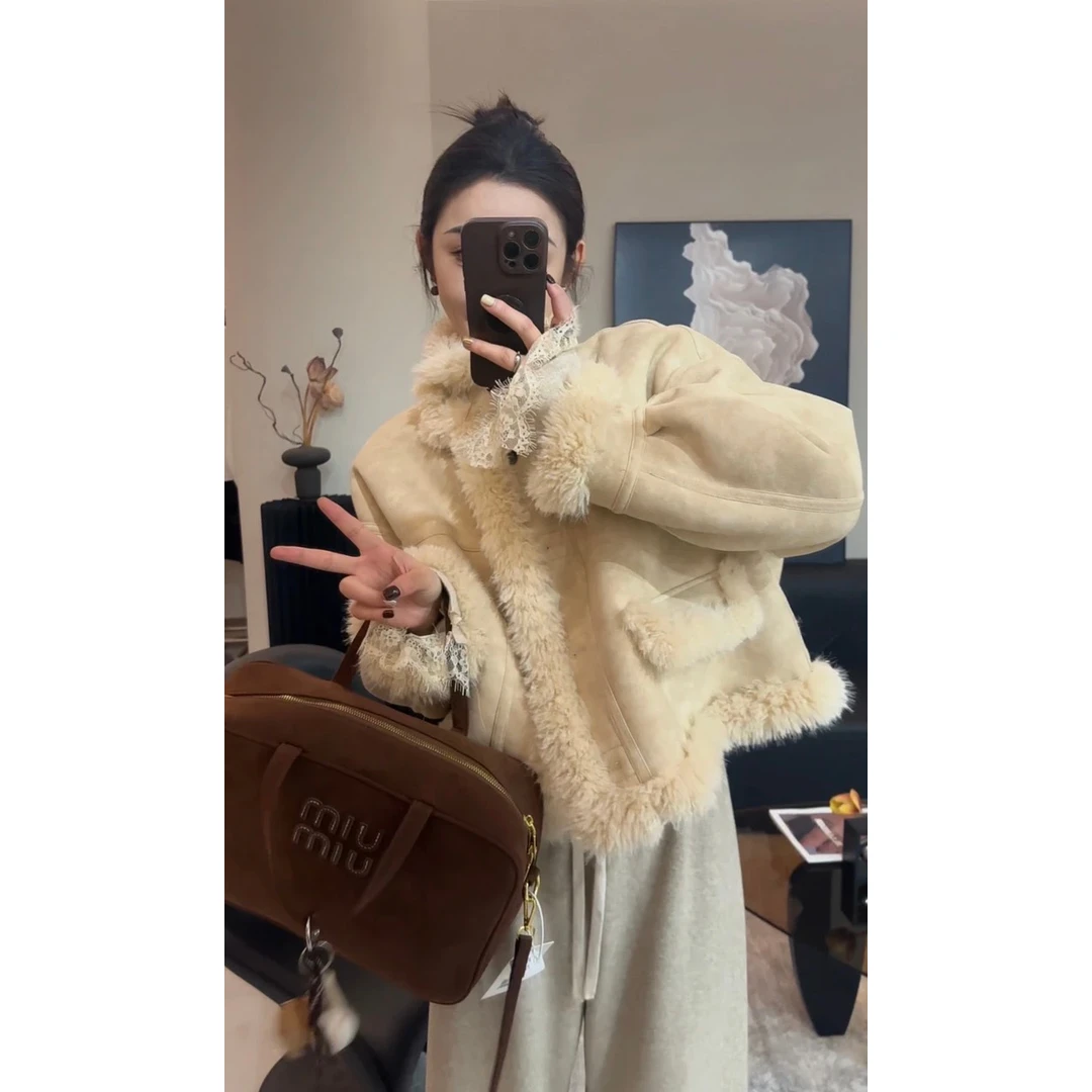 新款皮毛一体2024冬加厚毛外套女短款小个子冬季毛毛麂 皮绒外套