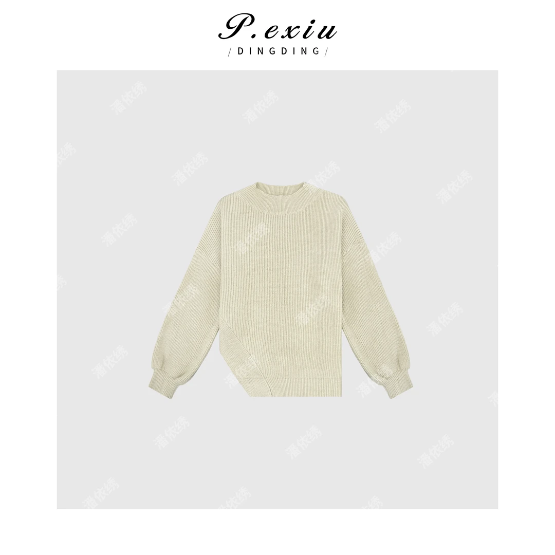 PanYiXiu/潘依绣简约不规则下摆一字领长袖针织上衣 L2396