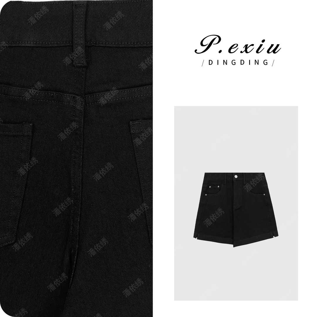 PanYiXiu/潘依绣经典百搭黑色卷边时髦牛仔短裤 D6609