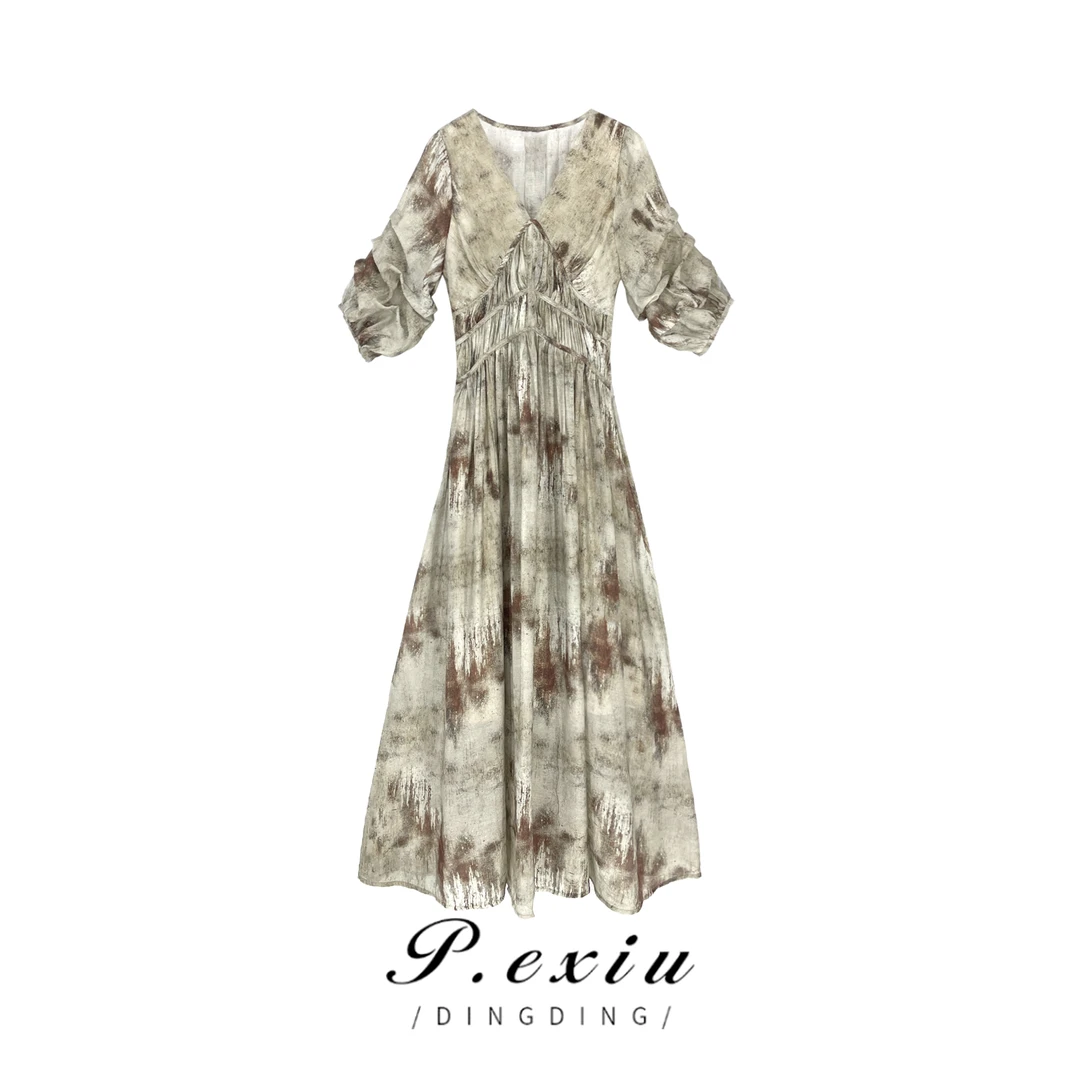 PanYiXiu/潘依绣【墨笔生花】高级感水墨晕染V领国风连衣裙 20948T
