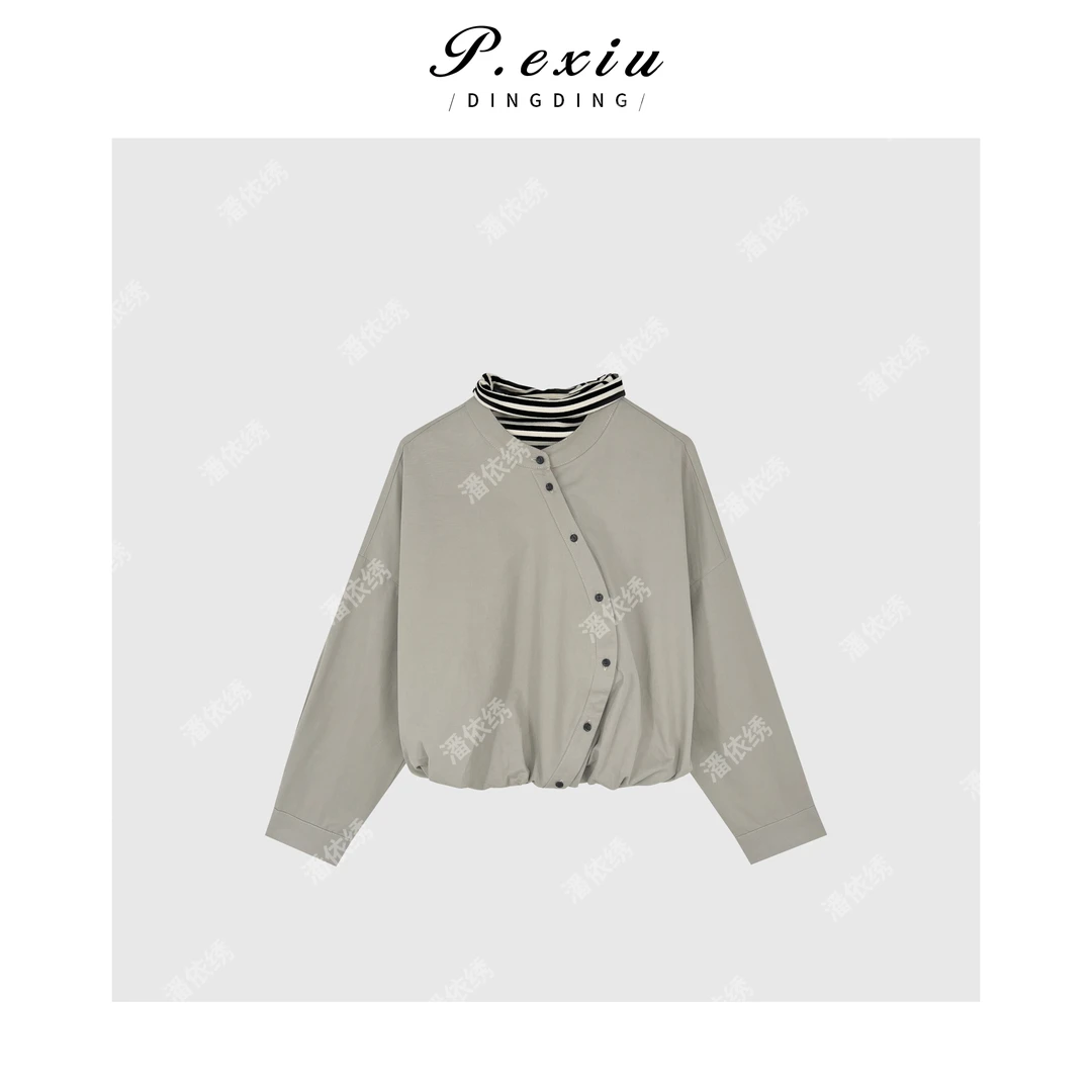 韩系拼接条纹领假两件长袖衬衫Q2221