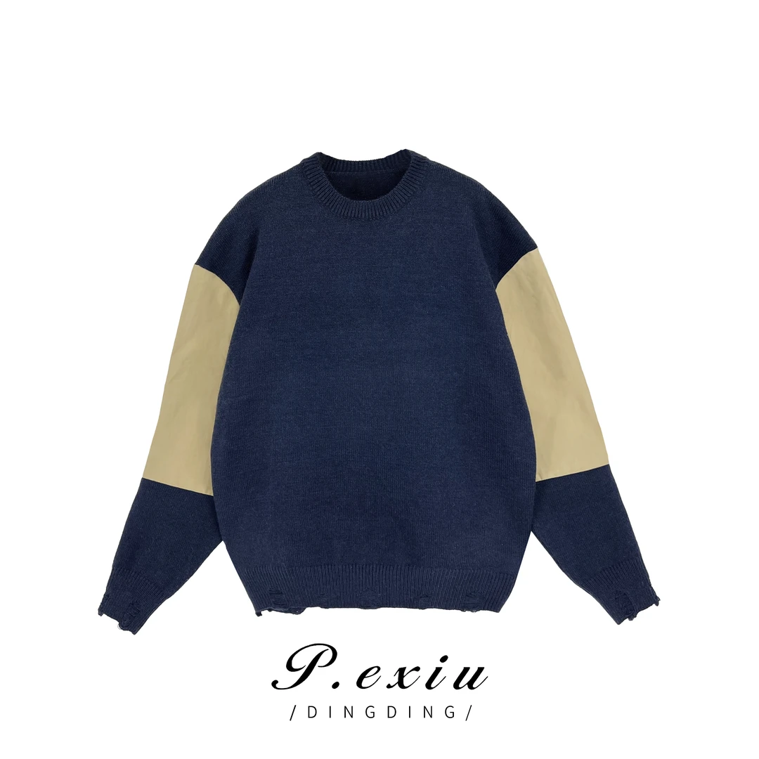 2285秋冬新款拼接复合休闲百搭圆领针织毛衣 K2839