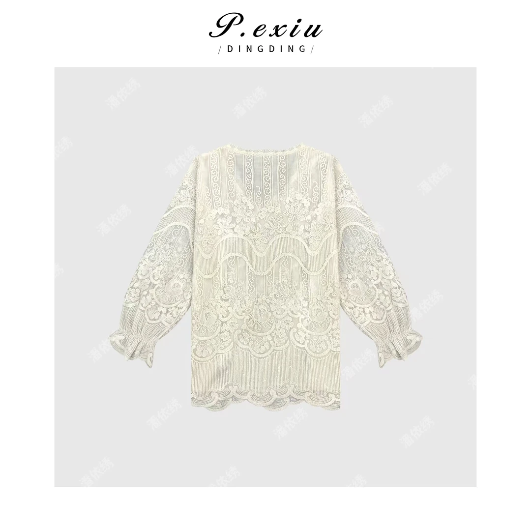 法式风重工全蕾丝绣花长袖T恤 Q45033