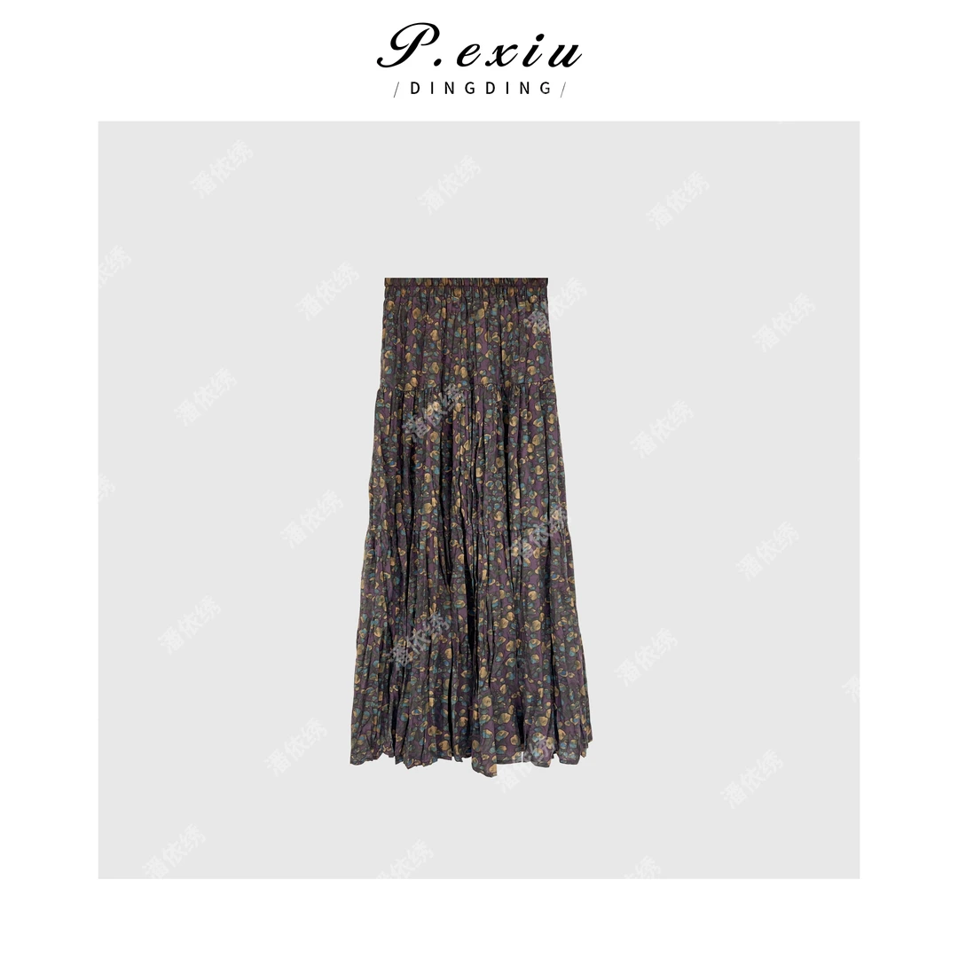 新款复古高腰宽松大裙摆褶皱碎花半身裙Q1544